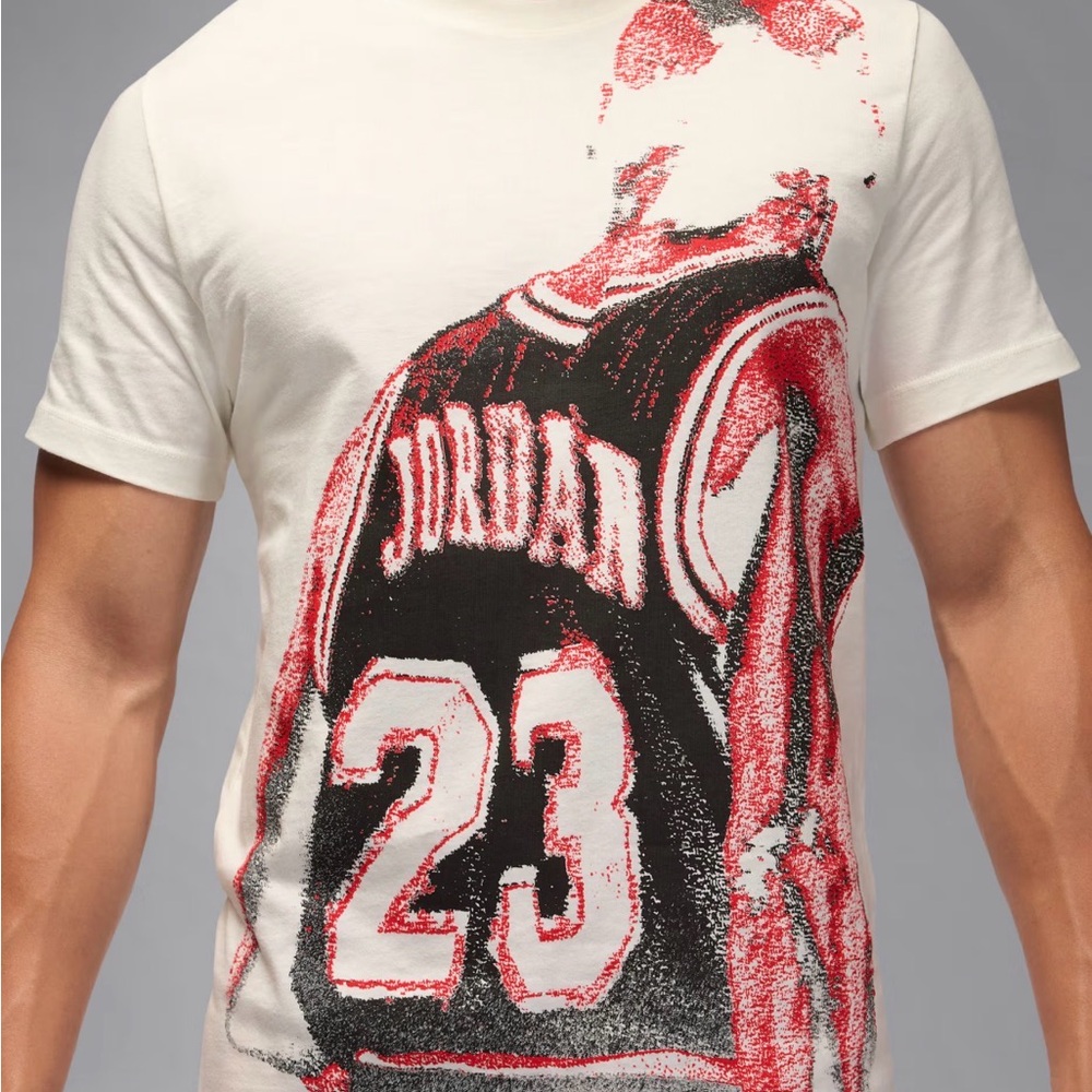 Jordan Mens White Graphic Tee with Red and Black Basketball Print